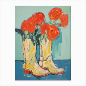 Painting Of Red Roses Flowers And Cowboy Boots, Oil Style 2 Canvas Print