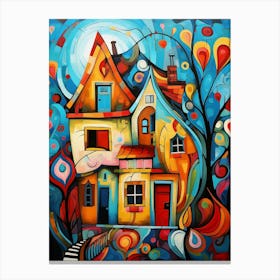 Fairytale House at Night 6, Abstract Vibrant Colorful Cubism Style Canvas Print