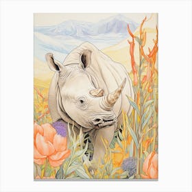 Colourful Rhino With Plants 1 Canvas Print