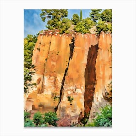 Ochres Land Majestic Cliffside Forest. This image showcases a stunning cliffside landscape adorned with lush green trees. The rocky formations exhibit a range of warm hues, from sandy yellows to deep reds, creating a striking contrast against the vibrant blue sky. The scene captures the beauty of nature's rugged terrain and the resilience of trees growing on steep, rocky surfaces. 1 Canvas Print