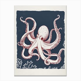 Linocut Inspired Red Octopus With The Coral 1 Canvas Print