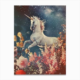 Floral Unicorn In Space Retro Collage 3 Canvas Print