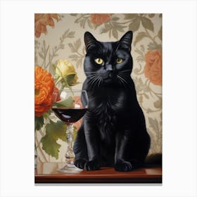 Black Cat With Wine Glass Canvas Print