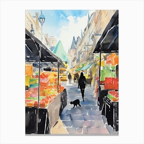 Food Market With Cats In Cambridge 4 Watercolour Canvas Print