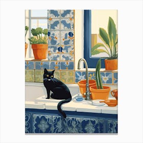 Black Cat In The Kitchen Sink, Mediterranean Style 0 Canvas Print