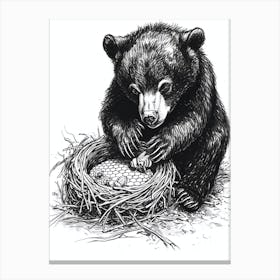 Malayan Sun Bear Cub Playing With A Beehive Ink Illustration 4 Canvas Print