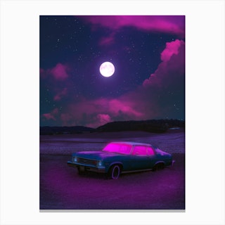 Neon Car And Full Moon Canvas Print