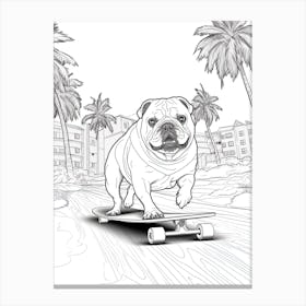 English Bulldog Dog Skateboarding Line Art 2 Canvas Print