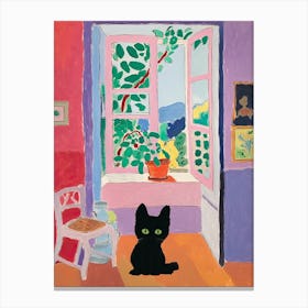 Open Window And Plants With A Black Cat Canvas Print