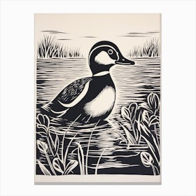 B&W Bird Linocut Bufflehead 2 Canvas Print