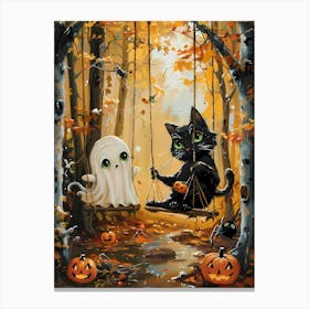 Halloween Cat And Ghost On Swing Canvas Print