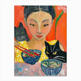 Portrait Of A Woman With Cats Eating Ramen 1 Canvas Print