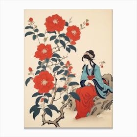 Tsubaki Camellia Vintage Japanese Botanical And Geisha Canvas Print