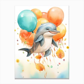 Dolphin Flying With Autumn Fall Pumpkins And Balloons Watercolour Nursery 3 Canvas Print