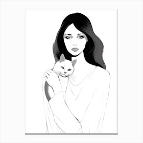 Girl With Cat,lineart Canvas Print