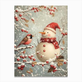 Snowman And Bird Canvas Print