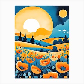 Cartoon Poppy Field Landscape Illustration (4) Canvas Print
