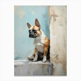 French Bulldog Dog, Painting In Light Teal And Brown 3 Canvas Print