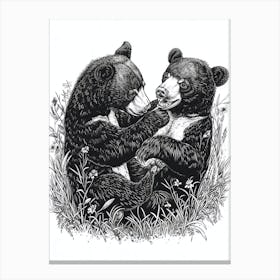 Malayan Sun Bear Playing Together In A Meadow Ink Illustration 1 Canvas Print