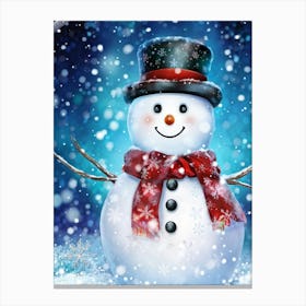 Festive Snowman Peeking Through A Veil Of Shimmering Snowflakes Expression Exuding Merriment Backd Canvas Print