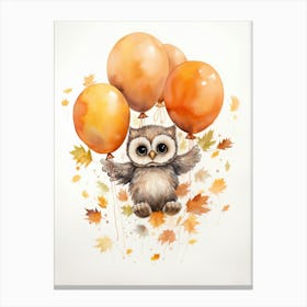 Owl Flying With Autumn Fall Pumpkins And Balloons Watercolour Nursery 3 Canvas Print