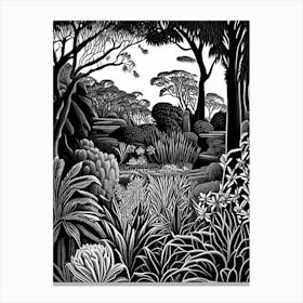 Ballarat Botanical Gardens, 1, Australia Linocut Black And White Vintage Canvas Print
