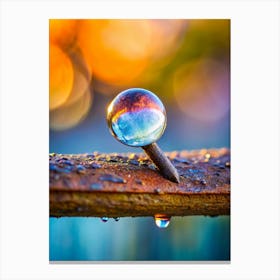 A Single Glistening Dewdrop Clinging To A Rusted Canvas Print