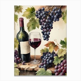 Vines,Black Grapes And Wine Bottles Painting (12) Canvas Print