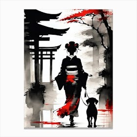 Geisha Woman With Dog Canvas Print