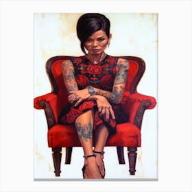 The Lady Is The Boss - Tattooed Woman In Red Chair Canvas Print