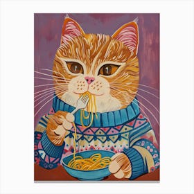 Brown White Cat Eating Pasta Folk Illustration 1 Canvas Print