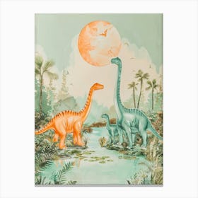 Dinosaur Family By The River Storybook Style Watercolour Painting Canvas Print