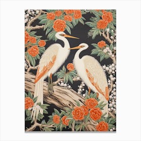 Orange Flowers And Cranes Vintage Japanese Botanical Canvas Print
