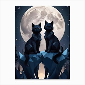 Two Black Cats In A Low Poly Style Under The Moon 1 Canvas Print