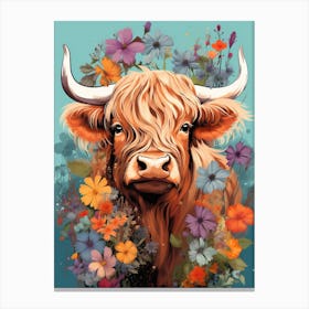 Floral Portrait Painting Style Of Highland Cow 3 Canvas Print