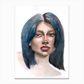 Watercolor portrait of a girl with blue hair Canvas Print