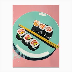 Sushi Blue & Pink Pastel Silk Screen Style Canvas Print