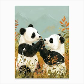 Giant Panda Two Bears Playing Together In A Meadow Storybook Illustration 3 Canvas Print