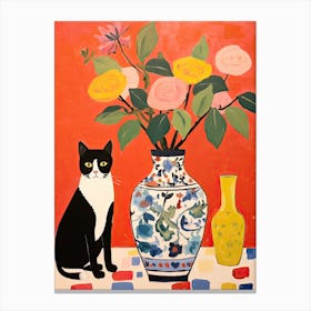 Rose Flower Vase And A Cat, A Painting In The Style Of Matisse 0 Canvas Print