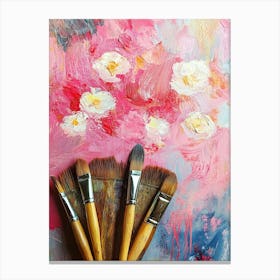 Paintbrush And Beautiful Painting With Flowers 1 Canvas Print