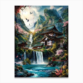 Japanese Temple in Mountain Waterfall Forest Oil Painting #4 Canvas Print