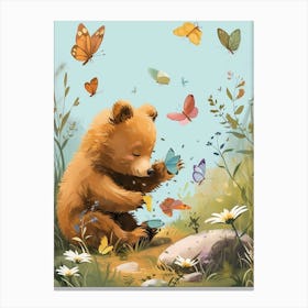 Brown Bear Cub Playing With Butterflies Storybook Illustration 2 Canvas Print