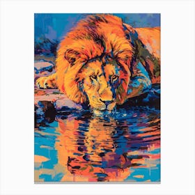 Masai Lion Drinking From A Watering Hole Fauvist Painting 2 Canvas Print