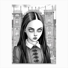 Nevermore Academy With Wednesday Addams And A Cat Line Art 6 Fan Art Canvas Print