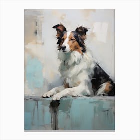 Border Collie Dog, Painting In Light Teal And Brown 0 Canvas Print