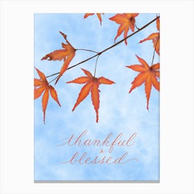 Maple Leaves with Thankful and Blessed, Blue Background Canvas Print