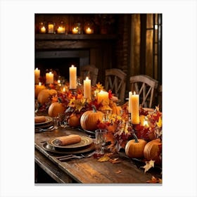 Autumn Table Decoration Cascading Leaves Of Warm Hues Rest Atop Smooth Pumpkins With Textured Exter (1) 2 Canvas Print