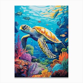 Sea Turtle In The Ocean Linograph Illustration 3 Canvas Print