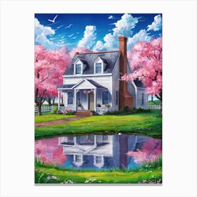 Anime Art: Charming country house with pink cherry blossoms, a serene pond reflection, and a vibrant spring setting, perfect for tranquil vibes. Canvas Print