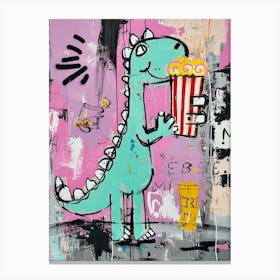 Dinosaur Eating Popcorn Purple Graffiti Style 1 Canvas Print